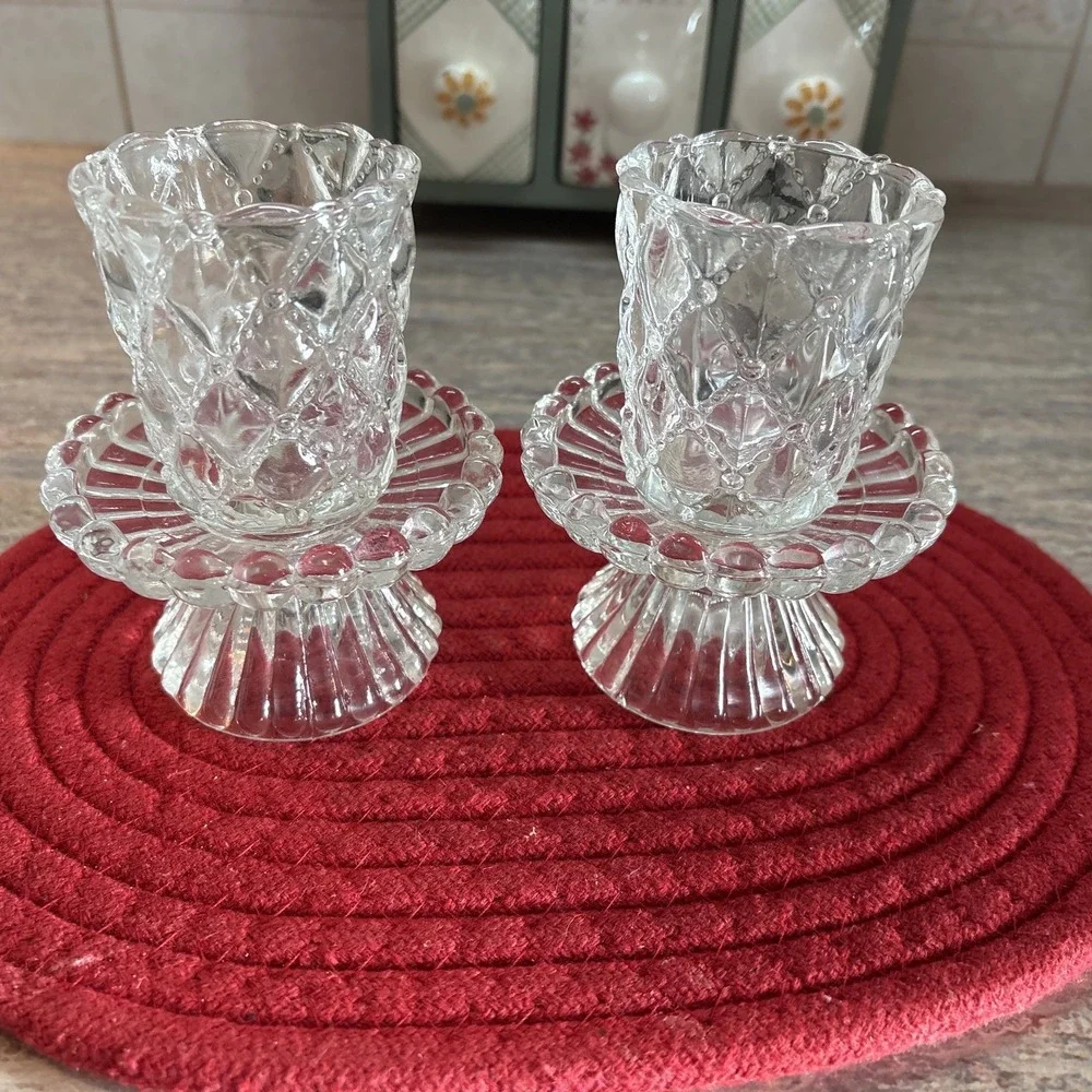 Clear Glass Bead Edges Votive Pillar Candle Holder w/ Cups 4 Separate Pieces